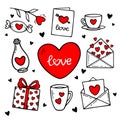 Love doodles elements. Cute hand drawn set of icons with hearts, letters, cups, gifts, potion, flower. Vector illustration. Valent